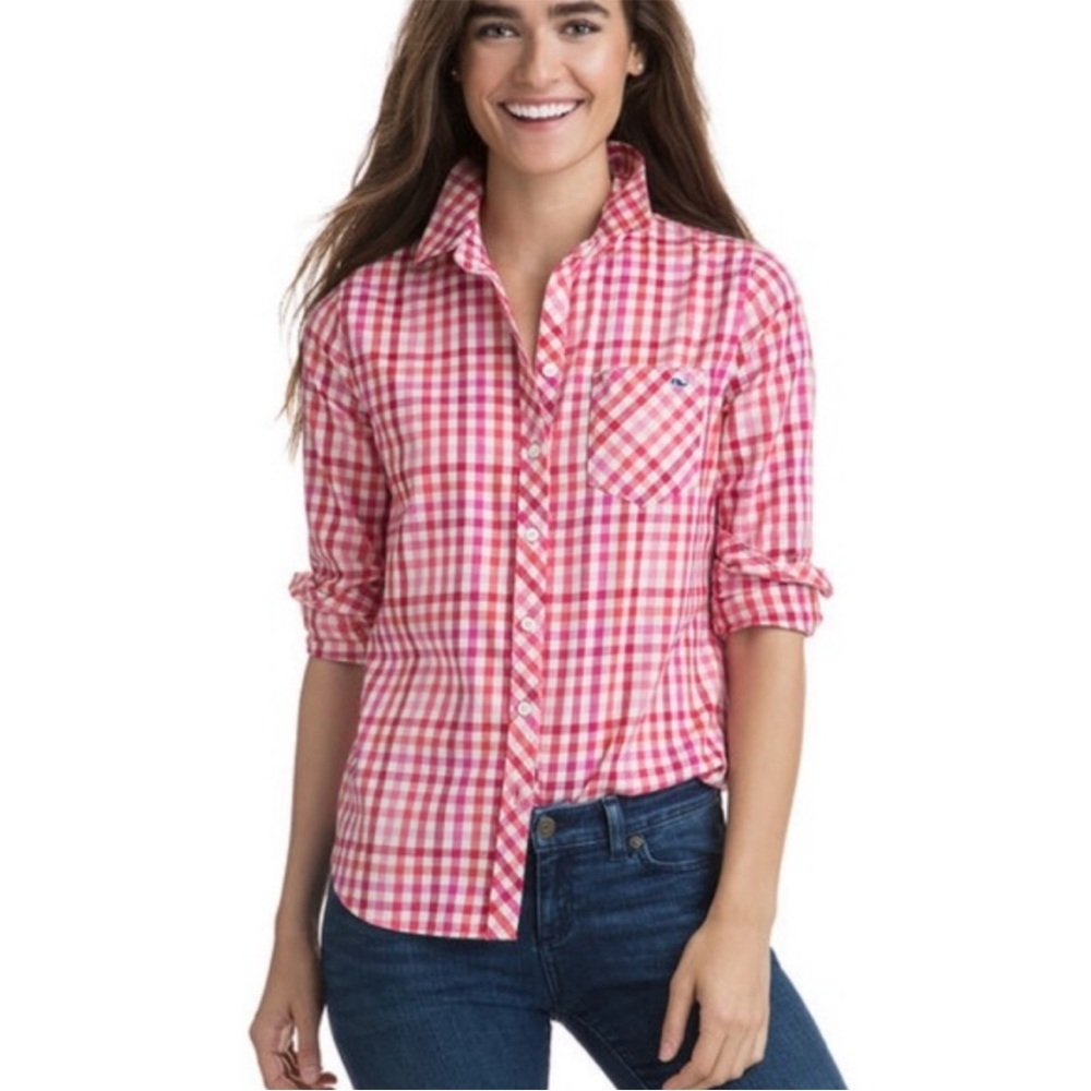 Vineyard Vines Cashmere Cotton Pink Candy Cane Gingham Button Up Shirt Top sz 10
